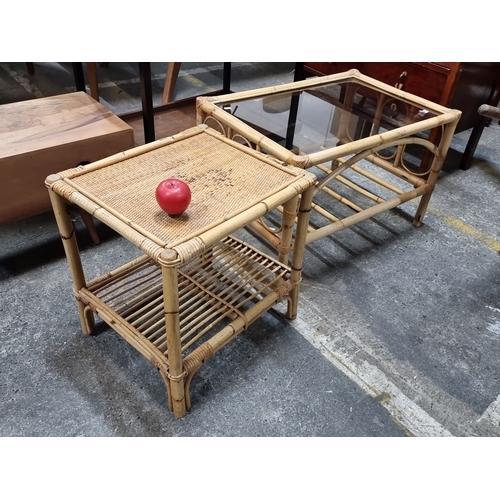 619 - Two bamboo cane side / coffee tables, one with a glass top and elegant woven accents. Each table inc... 