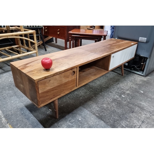 622 - A handsome heavy solid wood low tv cabinet unit / sideboard  with retro elements and minimalist desi... 