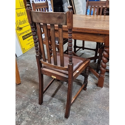 630 - A very handsome antique, early 20th-century oak dining set. Comprising of a barley-twist leg extendi... 