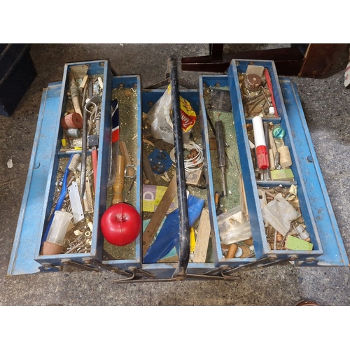 836 - A vintage blue metal cantilever toolbox filled with assorted tools and hardware.