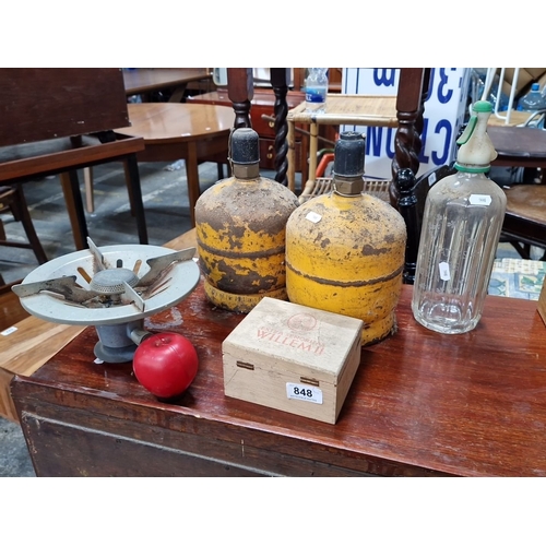 848 - A mixed lot of items. Includes vintage gas canisters, etched 'Mineral Water Dublin' glass bottle, ta... 