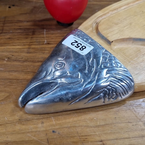 852 - A Fish-shaped carving board with a wooden base and detailed silver-plated head and tail accents.