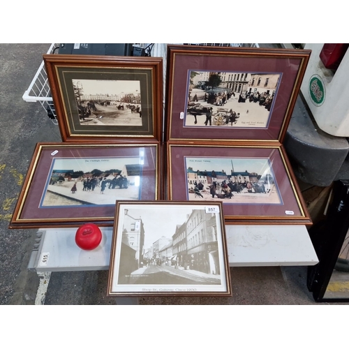 857 - Set of five framed historical Galway photographs, including Eyre Square Haymarket (c.1890) and Shop ... 