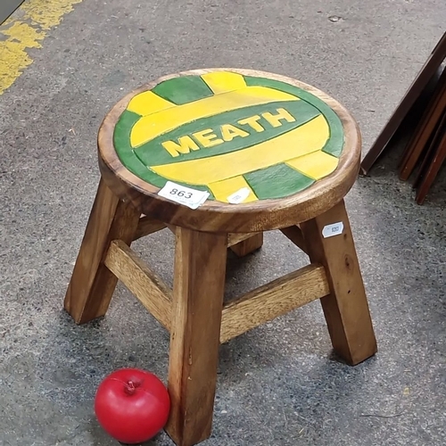 863 - Wooden stool painted in green and yellow with a 