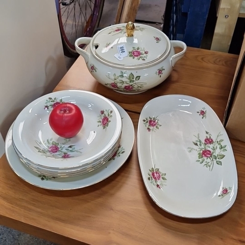 866 - Rosenthal Bavaria porcelain pieces. Includes tureen, plates, and serving platter, all featuring a fl... 