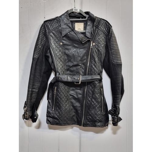 686 - A 'River Island' Leather biker style Jacket. Size: UK 14