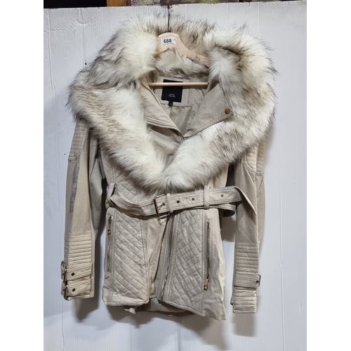 688 - A 'River Island' leather jacket with white faux fur
Size: UK 14