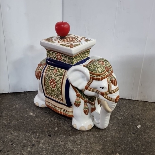 673 - Hand-painted ceramic elephant stool / Plant stand with intricate Asian-inspired patterns.