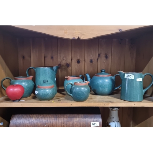 890 - Suffolk Tableware by Henry Watson Pottery, 7-piece ceramic tea set, green glaze with terracotta acce... 