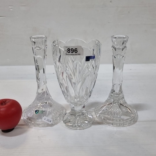 896 - Killarney Crystal set, includes scalloped vase and two taper candle holders. Crafted in Ireland with... 