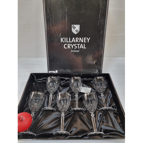 900 - A brand new boxed set of six Killarney Crystal celebration wine glasses.