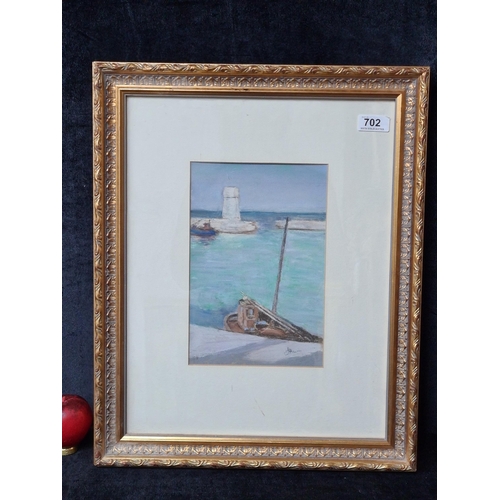 702 - An original pastel on paper painting. A serene harborside scene with boats docked at the harbor. The... 