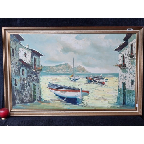 707 - A large original oil on canvas painting. Features a serene coastal scene with fishing boats and moun... 