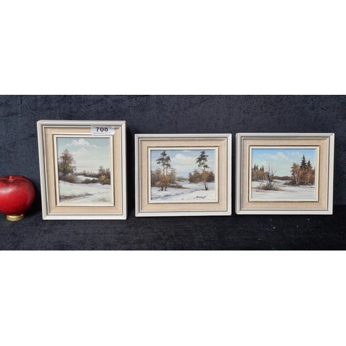 708 - A series of three original oil on board painting. Features a winter snowy landscape scene. Rendered ... 