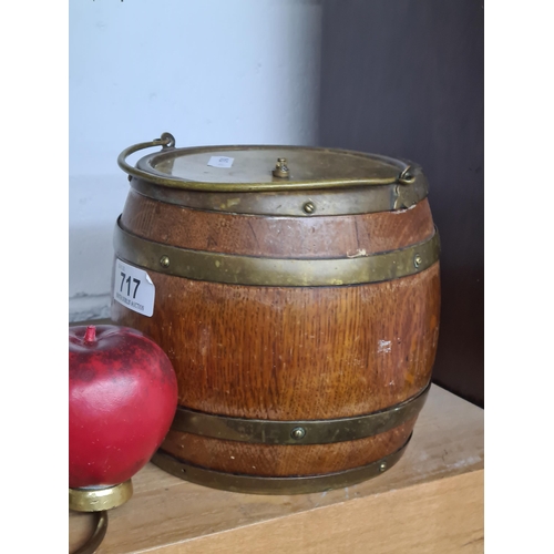 717 - A lovely vintage oak and brass biscuit jar.