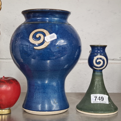 749 - Two Irish hand thrown art studio pottery pieces made by Jack O' Patsy including a vase and cantle st... 