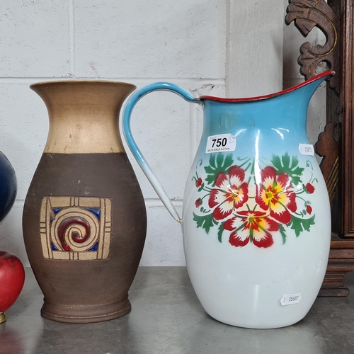 750 - An Irish hand thrown art studio potter vase made by Jack O'Patsy, along with a vintage enamel water ... 