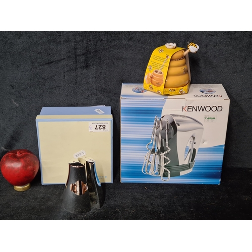 827 - A mixed lot of three items including a Kenwood hand mixer in original box, a Newbridge Silverware sa... 