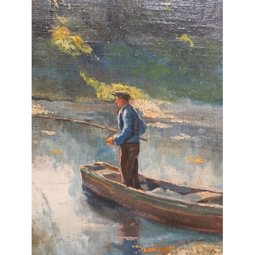 61 - Star Lot: A brilliant large original oil on canvas painting. Features a lakeside scene with a figure... 