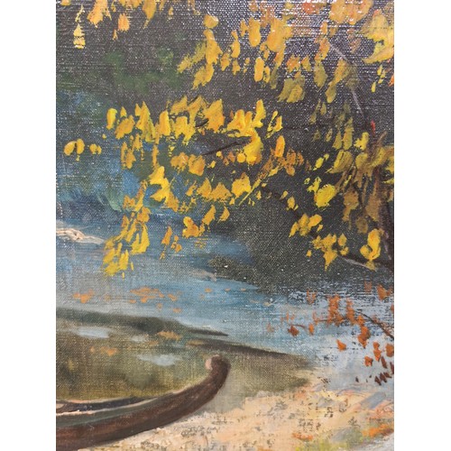 61 - Star Lot: A brilliant large original oil on canvas painting. Features a lakeside scene with a figure... 