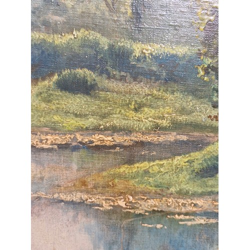 61 - Star Lot: A brilliant large original oil on canvas painting. Features a lakeside scene with a figure... 