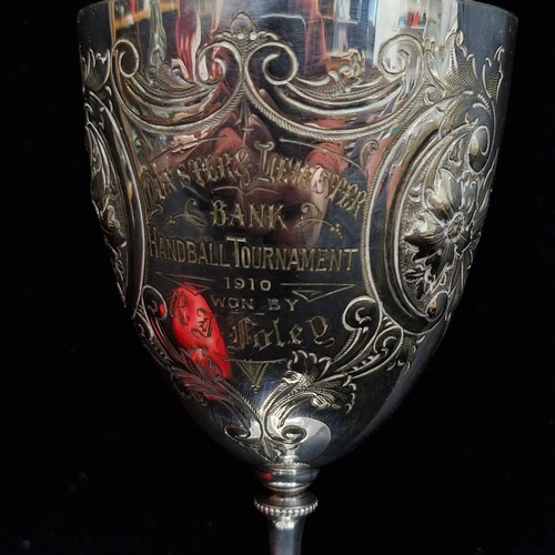 215 - A fascinating antique silver plated chalice trophy for 'Munster & Leinster Bank Handball Tournament ... 