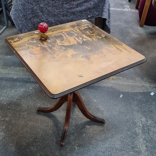 398 - Star Lot : A rare antique country house flip top tea table featuring a large hunting scene to table ... 