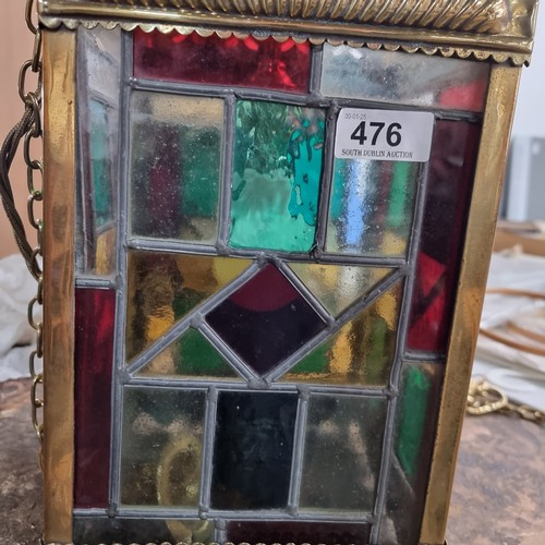 476 - Star Lot : A fabulous antique square panelled stained glass hall lantern in ornate brass frame. In l... 