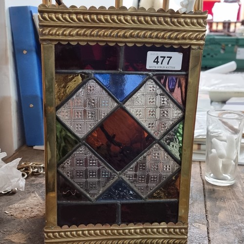 477 - Star Lot : A fabulous antique square panelled stained glass hall lantern in ornate brass frame. In L... 