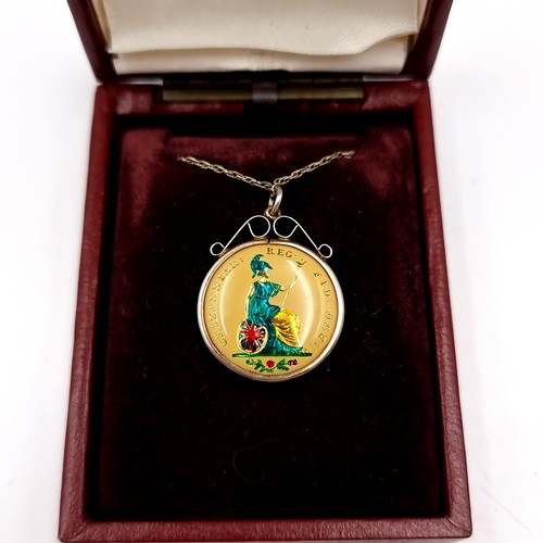 14 - A beautiful 1843 enamelled half farthing pendant necklace featuring queen Victoria. On a sterling si... 