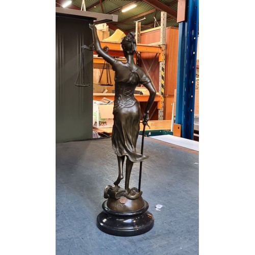 166 - Star Lot : A heavy female bronze sculpture of Lady Justice, stamped 