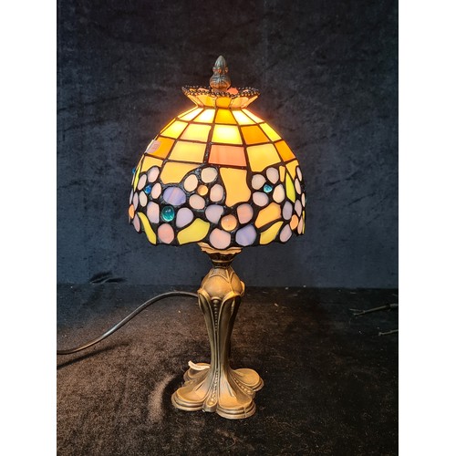 745 - A dainty Tiffany style table lamp in tones of lilac, blue, green, white and dusky pink with hints of... 