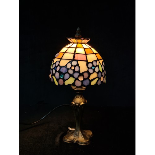 745 - A dainty Tiffany style table lamp in tones of lilac, blue, green, white and dusky pink with hints of... 