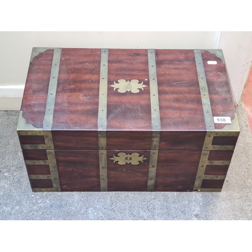 938 - Star lot : A large antique 19th century  campaign officers mahogany storage chest featuring brass ha... 