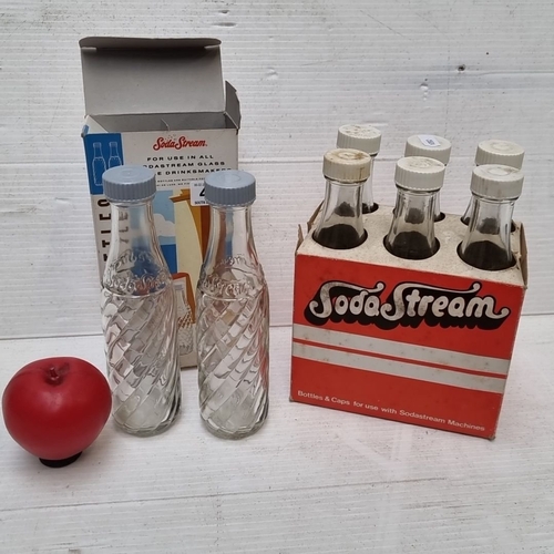 407 - Super Retro Soda Stream glass bottles with original caps, packaging, and box.