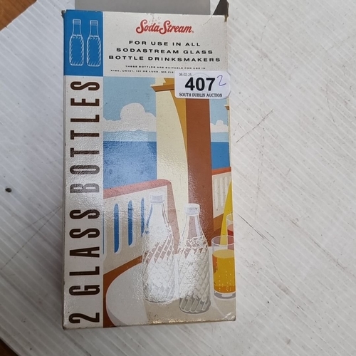 407 - Super Retro Soda Stream glass bottles with original caps, packaging, and box.