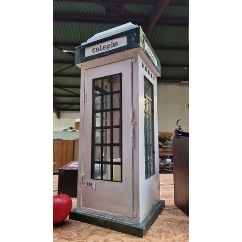 416 - A miniature Irish telephone booth candle lantern, painted metal and glass with functional door. Incl... 