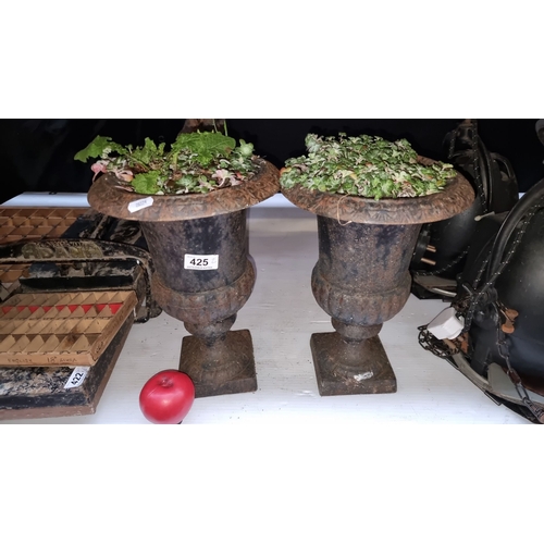 425 - Pair of cast iron urn planters with ornate detailing, each with square bases showing weathered patin... 