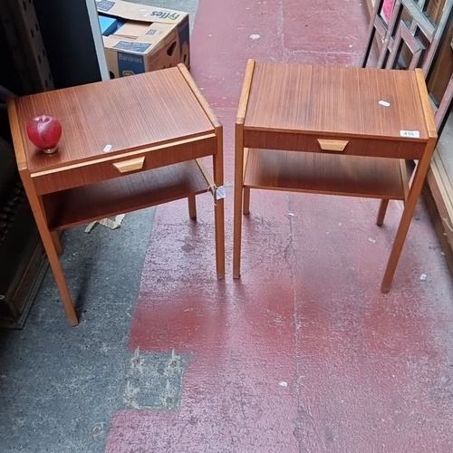 435 - Pair of mid-century modern teak bedside tables, single drawer with geometric pull, under-shelf desig... 