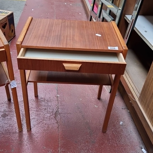 435 - Pair of mid-century modern teak bedside tables, single drawer with geometric pull, under-shelf desig... 