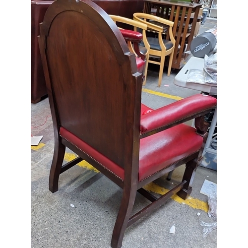 462 - Star Lot : Pair of very impressive vintage mahogany armchairs feature arched backs and red leather u... 