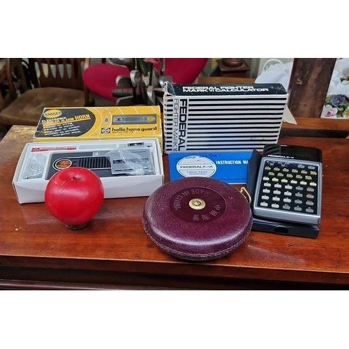 472 - Includes a Hallo Home Guard HB-10 burglar alarm (boxed), Federal Fighter Mark VI calculator (boxed),... 