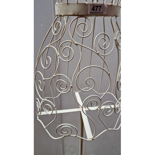 477 - Vintage white wrought iron dress form mannequin features elegant scrollwork design and sturdy constr... 