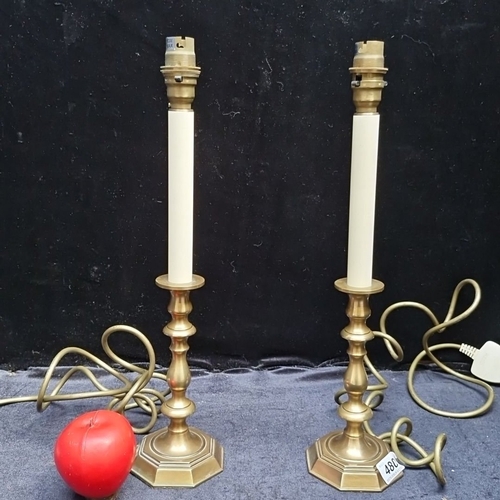 480 - Pair of vintage brass candlestick-style table lamps, early-mid 20th century, with octagonal bases an... 