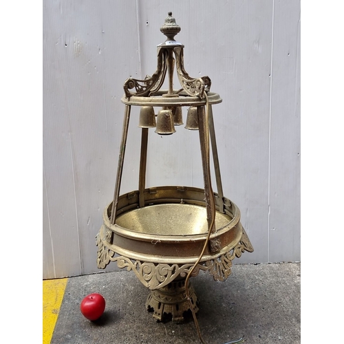 482 - Star Lot : A Super Ornate antique brass hanging light fixture with intricate detailing and bell acce... 