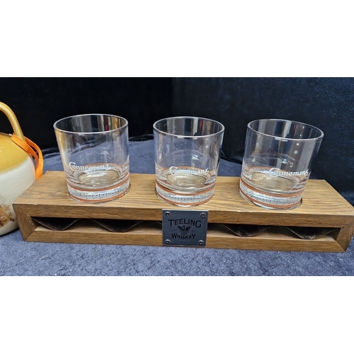 487 - Includes vintage Paddy jug, stoneware decanters, Connemara whiskey glasses with oak stand.