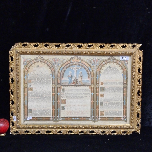 116 - A wonderful ecclesiastical print. Features Tridentine Latin Mass. Housed in a decorative gilt frame ... 