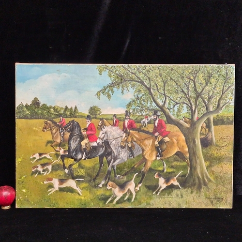 119 - A large original acrylic on canvas painting. Features a Fox hunting scene. Rendered in a rich colour... 