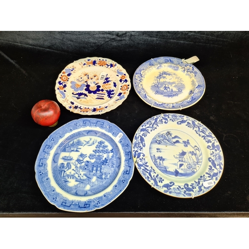 183 - Four large elegant antique plates including a hand painted Mason's Imari example and two early willo... 