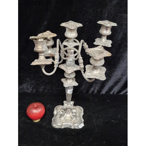 286 - A fabulous antique 5 branch silverplated candelabra with repousse pattern. Very heavy weighted piece... 